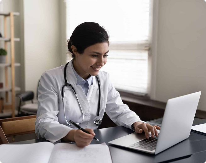 Caregiver helping with medication management app